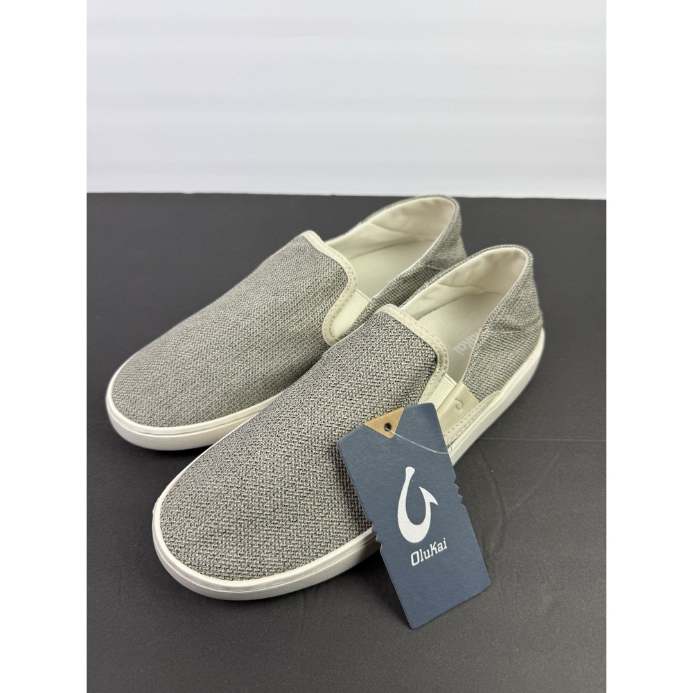 OluKai Pehuea Shoes 10 Tapa Gray Tan Canvas  Womens Loafer Slip On Brand New